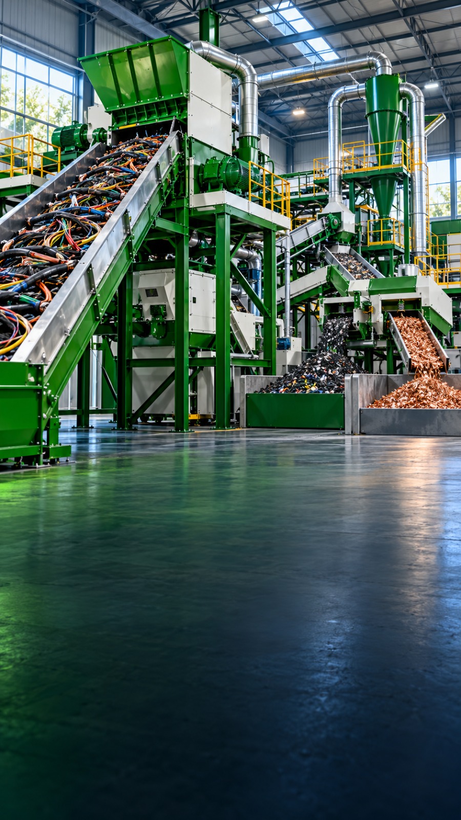 Linha industrial verde de separação de cabos e cobre