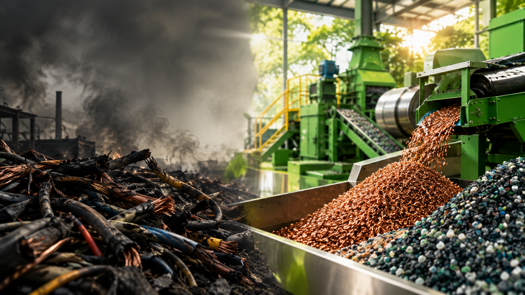 Cobre granulado e polímeros recuperados